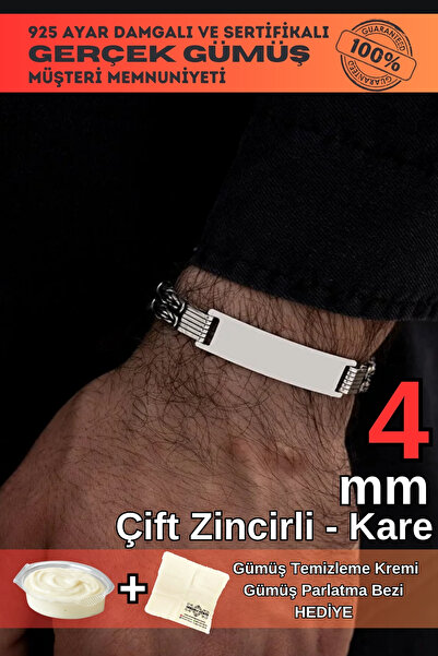 OSMANLI GÜMÜŞ Erkek Gümüş Bileklik - İsim Yazı Yazılabilen 4 mm Çift Kare Kra...