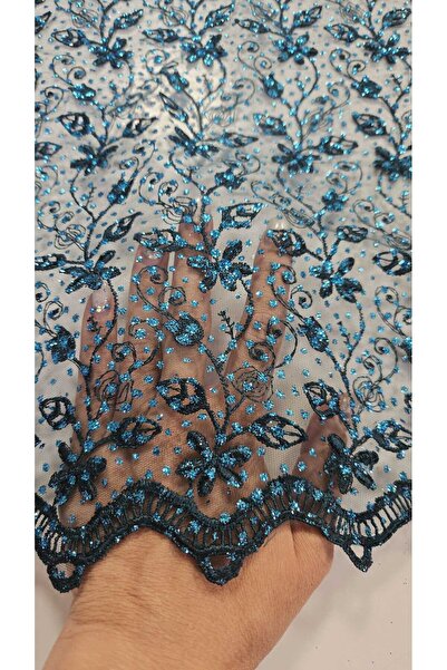 TESATURI OUTLET Broderie 3D pe Tulle Albastru Petrol cu Glitter Turcoaz – Mat...