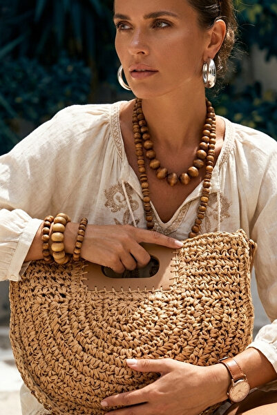 FASHION COCKTAIL Tan Leather Detailed Half Moon Paper Rope Knitted Bohemian N...