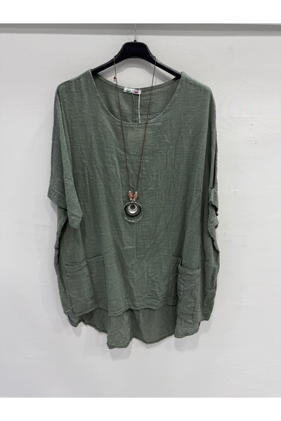 della moor Khaki Italian Plus Size Asymmetrical Cut Long Blouse Tunic with Ne...