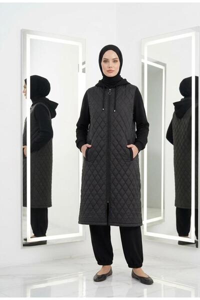 wishne Women's Black Hooded Quilted Cap Long Seasonal Sports Jacket