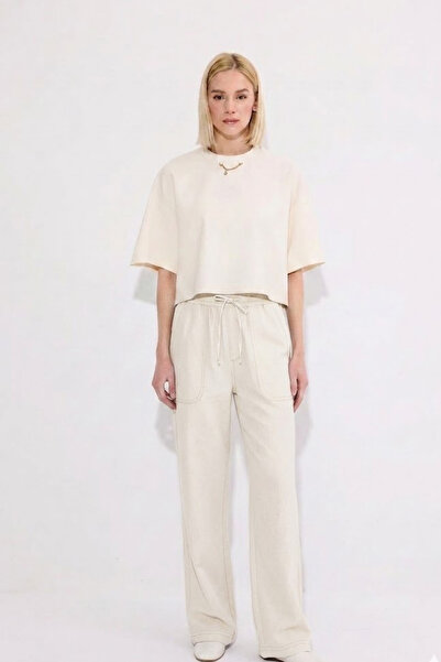 MATERIAL Women's White Linen Trousers with Elastic Waist and Wide Legs