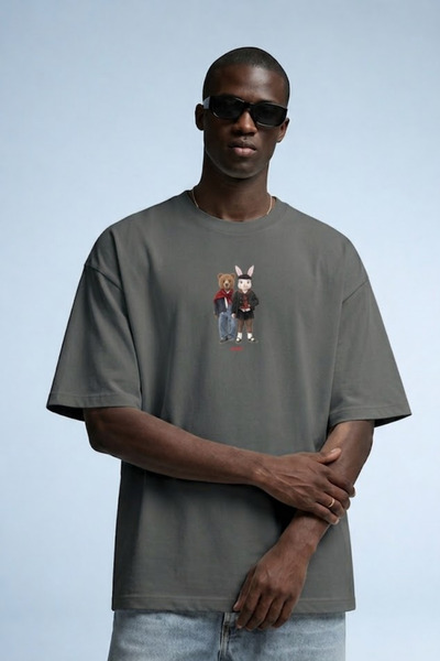 MATERIAL Men's Bear & Rabbit Printed Oversize Smoked T-Shirt