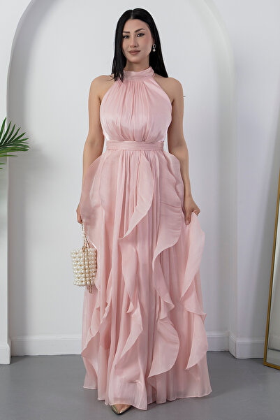 PULLIMM Halter Neck Ruffled Satin Dress Eli̇6073