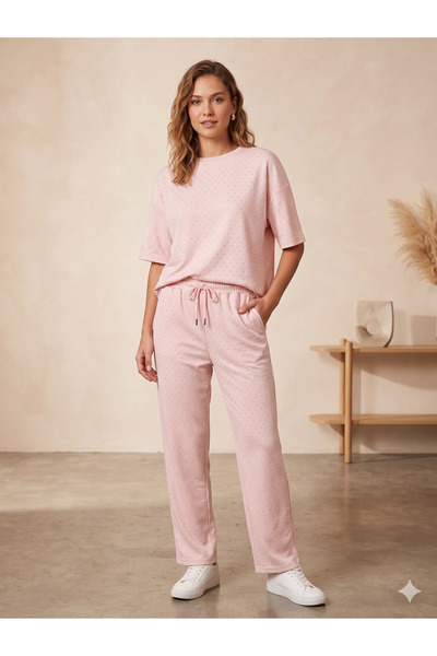 Salvi Women's Shiny Stone Detailed Short Sleeve Two-Piece Tracksuit Set