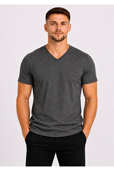 AXXEL Men's Anthracite Melange Cotton V-Neck Short Sleeve T-Shirt-D804