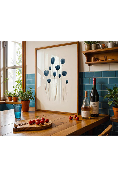 Tuba Decor Tablou dintr-o singură bucată cu ramă din lemn, botanic albastru
