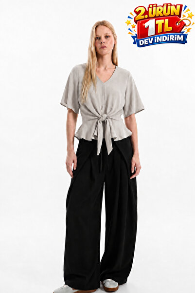 DAMGA JEANS Women's Premium Comfort Tie-Up Stylish Gray Blouse