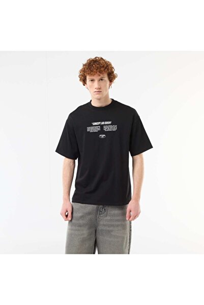 KIABI Solid Cotton T-Shirt with Front and Back Prints BLACK