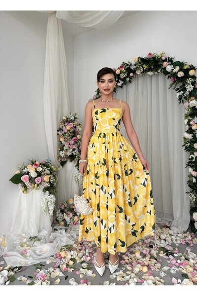 Caddebostan Moda Lemon Patterned Square Collar Rope Strap Dress with Gipe Det...