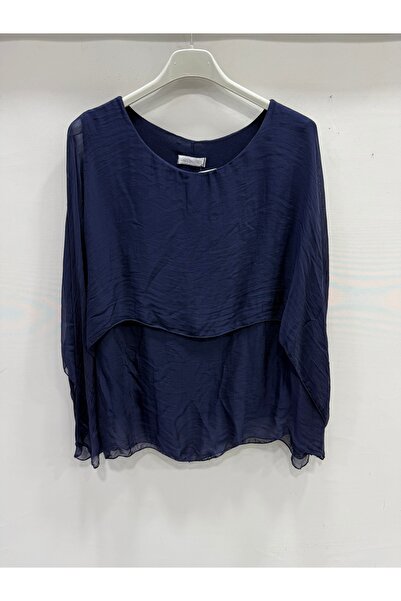 della moor Navy Blue Italian Poncho Sleeve Lined Short Silk Blouse 38 - 42 Size