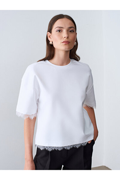 Dilvin 32826 Lace Detailed Short Sleeve T-Shirt-White