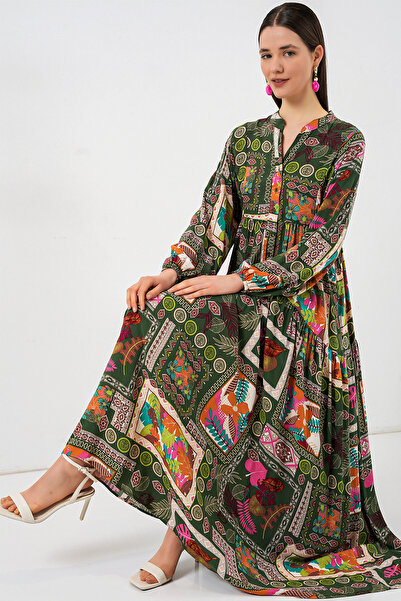 Merterium Women's Patterned Long Hijab Dress 1155 - Dark Green