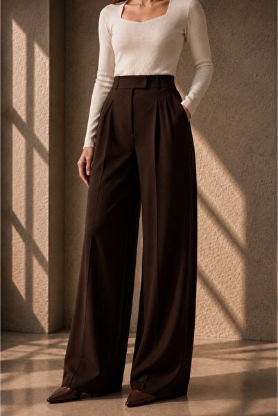 BM BALANCEMODA Ženske palazzo pantalone od likre sa zatvaranjem na čičak, smeđe