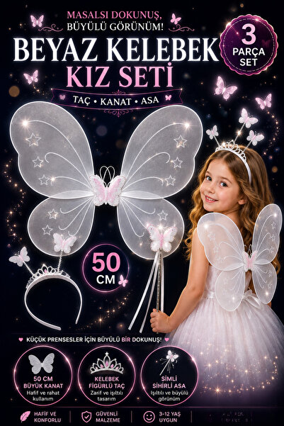 Tamsena Store Beyaz Kelebek Kız Kostüm Seti – 50 cm Kanatlı Taç ve Sihirli As...