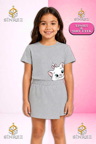 SİNREZ Set pentru fete cu imprimeu CAT, cu panglici pe cap, tricou cu mânecă ...