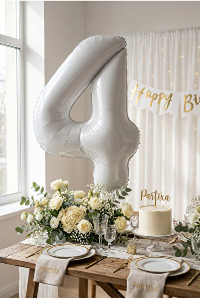 Partixa Beyaz 32 İnç Rakam 4 Folyo Balon 4 Yaş Doğum Günü Konsepti Sayı Balon...