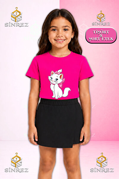 SİNREZ Set pentru fete KEDI KURDALELI YAN DURAN Tricou cu mânecă scurtă impri...
