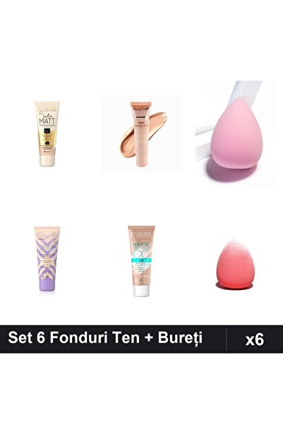 Eveline Set 6 Fonduri de Ten + Ruby Rose, Nuante Vanilla Beige, cu 2 Bureți M...