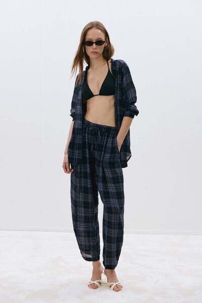 Suud Collection Navy Blue Sydney Plaid Balloon Pants