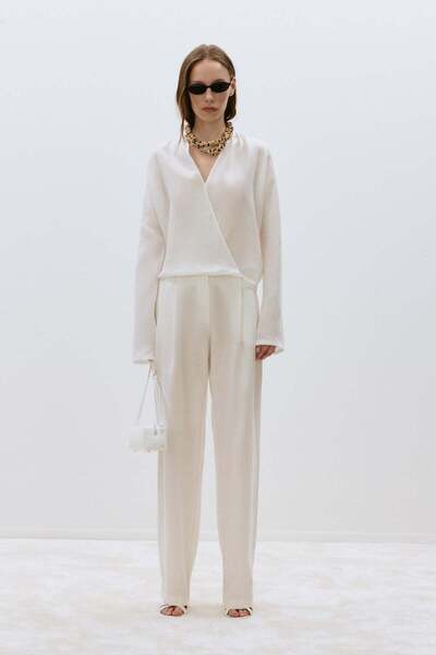 Suud Collection Beyaz %100 Keten Viana Pileli Pantolon