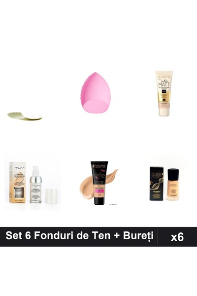 Makeup Set 6 Fonduri de Ten + Bureți Makeup, Eveline & TLM, SPF15, 30ml