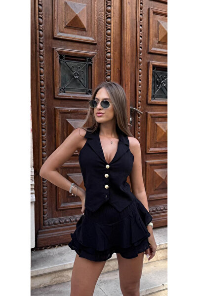 OEM Women's linen suit with elegant vest and Ruffled shorts