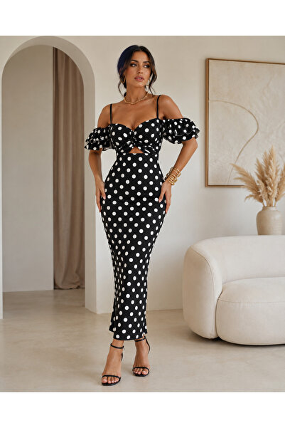 OEM Rochie lunga eleganta cu buline, umeri goi si fronseu bust