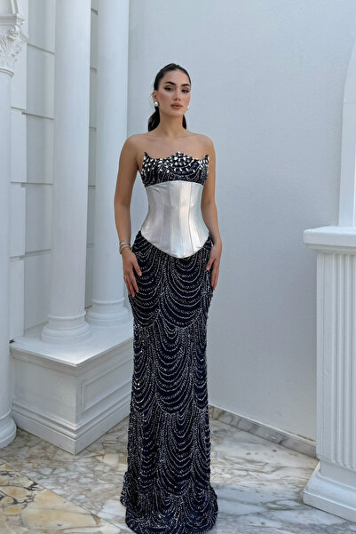 Sindimoda Leyan Boncuk İşleme Korse Detay Abiye 309
