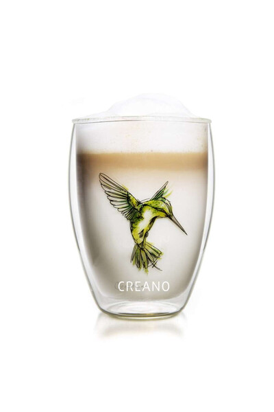 Creano Cana termică Hummi, 250 ml, sticlă borosilicată, cu perete dublu, decorație cu colibri verde