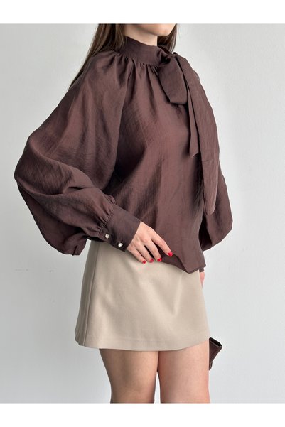Fashionbox Tulle Modal Summer Blouse with Raglan Sleeves and Scarf Detail 261004