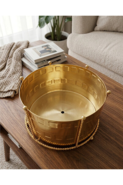 VAZO DEKOR Küçük Damalı Gold Vazo Yükseklik : 14 cm - Çap : 20 cm