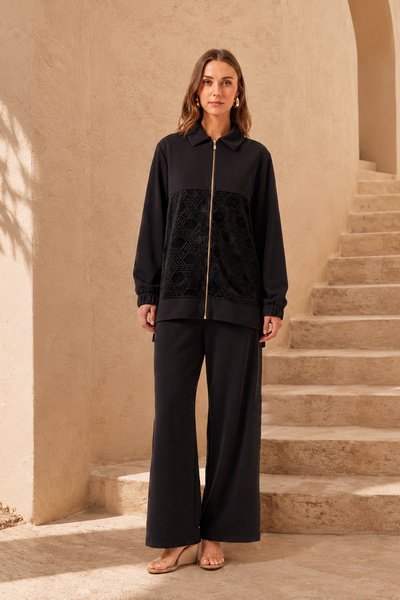 Nuss Front Zipper Jacquard Detail Tunic Trousers Set 1048 Black
