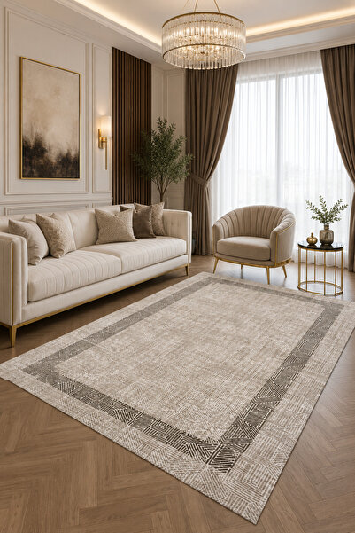 Bordo Halı Bej Gri Geometrik Desenli Kaymaz Keçe Taban Halı Modern Salon Deko...
