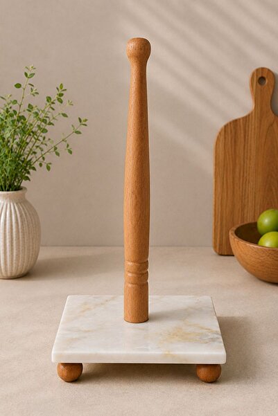 Karçiçeği Home Marble Patterned Paper Towel Holder Stand with Wooden Detail