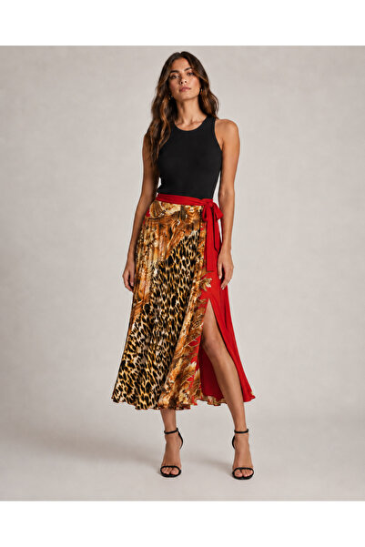 Butik Leopar desenli yandan yırtmaçlı belden kuşaklı uzun etek