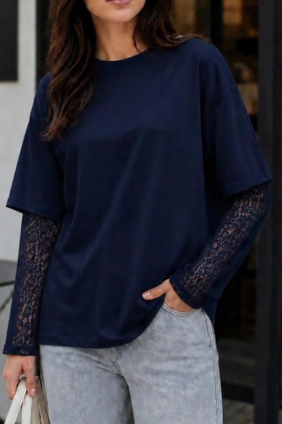 İmajButik Navy Blue Crew Neck Blouse with Ruffled Sleeves