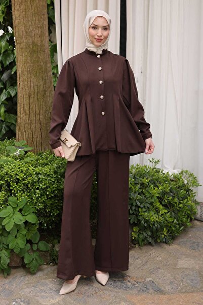 İmajButik Brown Stitched Detailed Jacket and Trousers Set