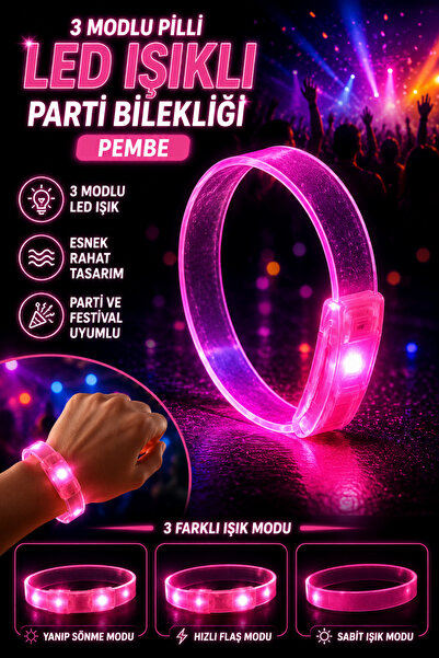 Tamsena Store 3 Modlu Pilli LED Işıklı Pembe Parti Bilekliği – Esnek Neon Işı...