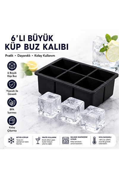 6 Bölmeli Büyük Boy Silikon Buz Kalıbı - 6'lı Siyah Silikon Kare Buzluk Kokteyl Buz Kalıbı
