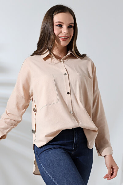 FoR ShE Forshe Women's Oversize Shirt with Button Detail on the Sides Mink For71043