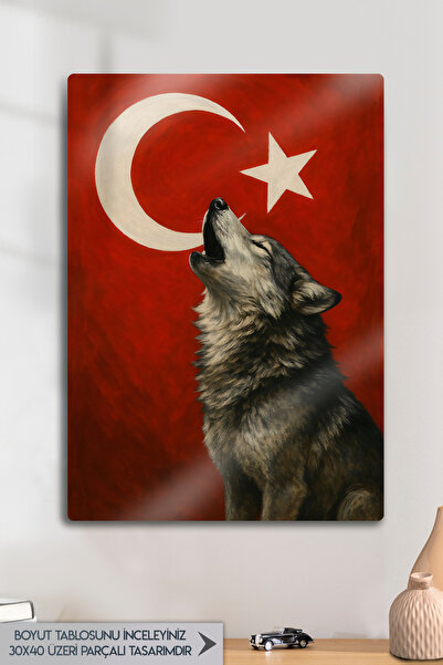 DekorHane Metalni otisak - zavijajući vuk, tema turske zastave, turska turans...
