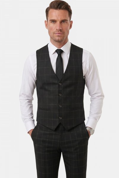Rizz up Costum negru slim fit pentru bărbați, 3 piese – Costum elegant cu vestă cu model în carouri 2600517