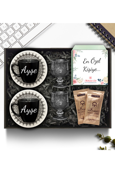 As Gift Kişiye Özel 2'li Siyah Fincan & Kahve Yanı Cam Su Bardağı & Türk Kahv...