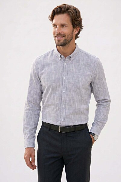 Tudors Men's slim fit long sleeve 100% cotton linen-effect button-down collar...