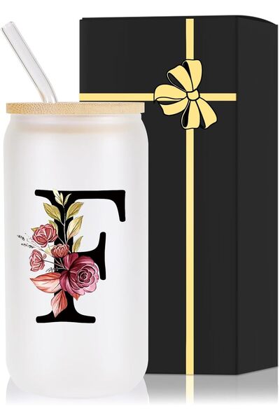 NASAQ Monogrammed Glass Drinking Cup With Bamboo Lid and Straw