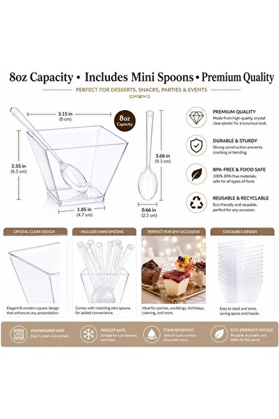 Sunny Your Bright choice Sunny Premium Dessert Cups with Mini Spoons – 10 Cups + 10 Spoons, Reusable & Recyclable Square Plastic