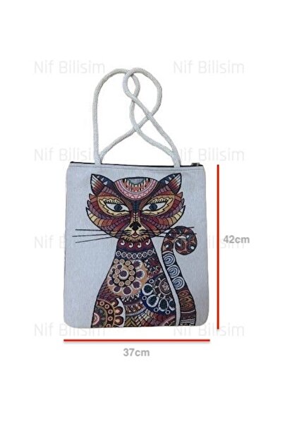 Nif Bilişim Cat Figured Beach Bag Colorful Printed Patterned Fabric Large Size Stylish Sea Picnic Bag Shoulder Fabric Bag with Zipper Interior Pocket