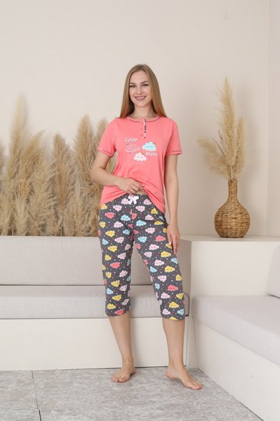 KAPİTEX Short Sleeve Buttoned Collar Bottom Capri Pink Color Young Girl's Pajama Set