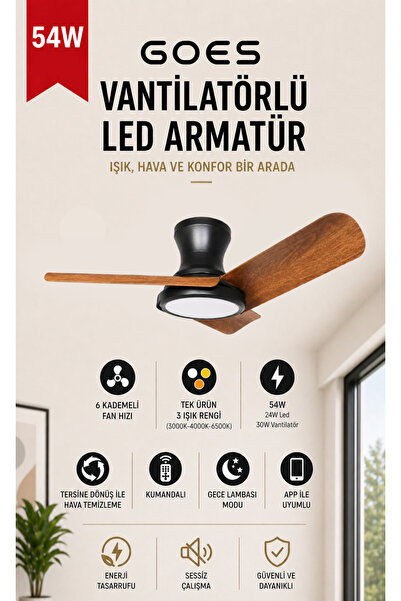 Goes LED Işıklı Tavan Vantilatörü Avize Armatür 80CM 54W 6 Hız Kademeli Kuman...